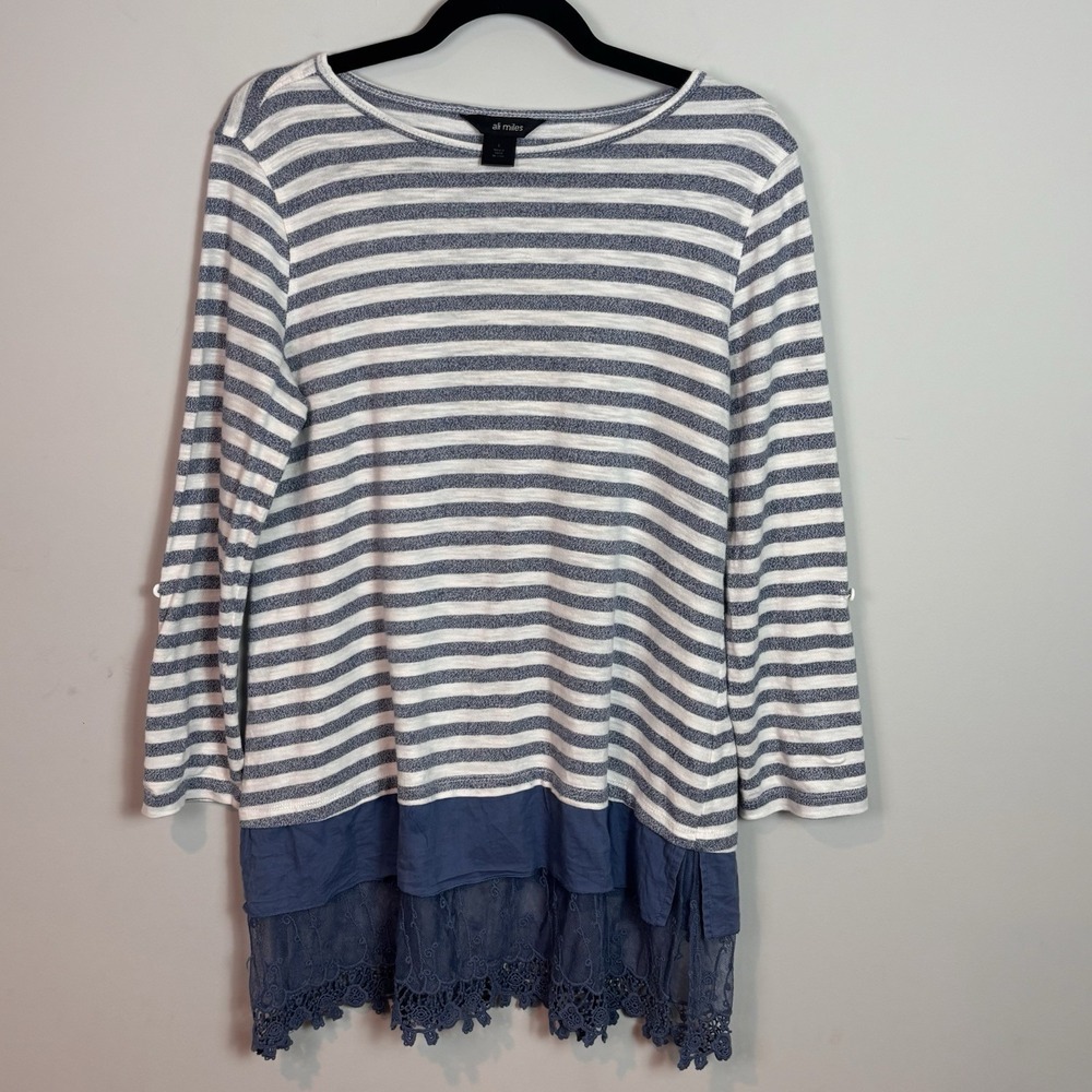ali miles womens blue white striped mixed media lace hem tunic top Large Stretch